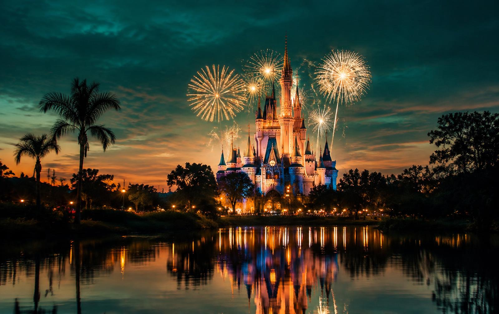 Fireworks over the castle in Orlando at dusk